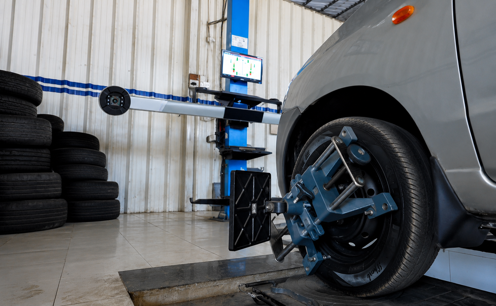 Service bay with vehicle on lift